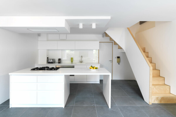 ​Modern kitchen, solid maple winding stair case..